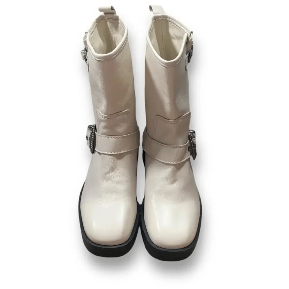 Larroude Hardy Moto Boot Cream Leather Western Buckle Ankle Boots 8.5 Boho